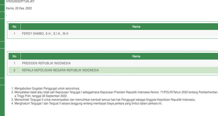 Ferdy Sambo Gugat Presiden dan Kapolri Terkait Pemecatannya