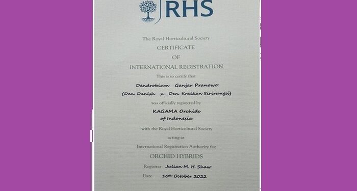 Nama Gubernur Jateng Ganjar Pranowo Didaftarkan sebagai Nama Salah Satu Jenis Anggrek di Inggris