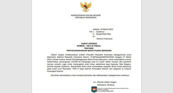 Kemendagri Terbitkan Surat Edaran Minta Kepala Daerah Tiadakan Buka Puasa Bersama