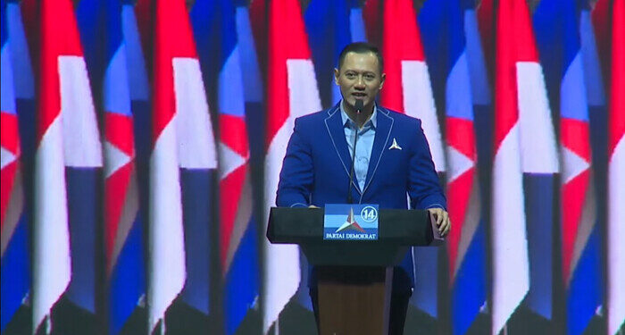 Ketum Partai Demokrat Agus Harimurti Yudhoyono menyampaikan sambutan pada acara Rapimnas Partai Demokrat di JCC Senayan, Jakarta, Kamis (21/9/2023). Foto: Youtube Partai Demokrat