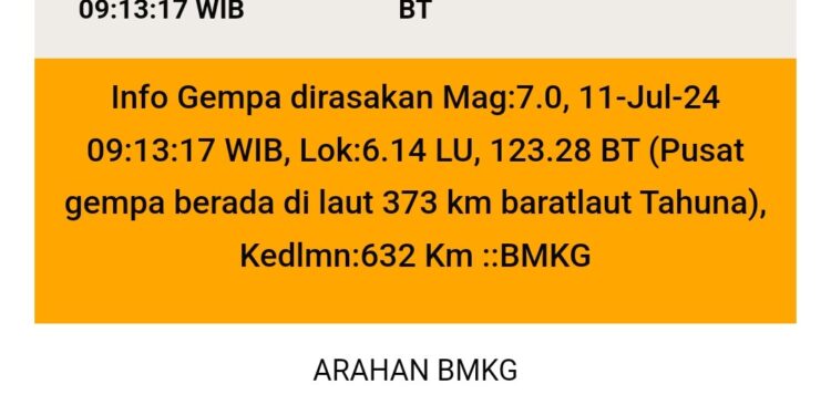 Gempa Berkekuatan 7.0 SR Guncang Barat Laut Tahuna, Sulut