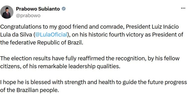Prabowo Ucapkan Selamat atas Kemenangan Lula di Pilpres Brasil, Dorong Penguatan Hubungan Kedua Negara